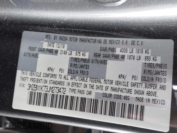 2018 Mazda 3 Sport with VIN 3MZBN1K73JM273472, listed as a IAAI auction lot 41901038 with 99,527 mi miles and . Bid and sale history available at DreamBid. Image 9.