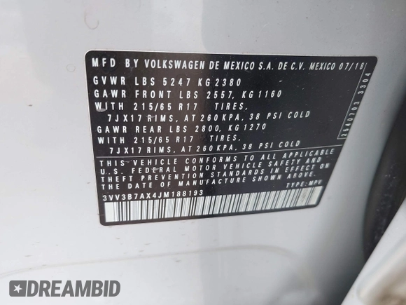 2018 Volkswagen Tiguan SEL with VIN 3VV3B7AX4JM188193, listed as a IAAI auction lot 42107802 with 68,911 mi miles and . Bid and sale history available at DreamBid. Image 9.