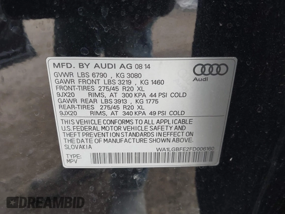 2015 Audi Q7 3.0T Premium Plus with VIN WA1LGBFE2FD006160, listed as a IAAI auction lot 41702382 with 85,706 mi miles. Bid and sale history available at carsss.com. Image 9.