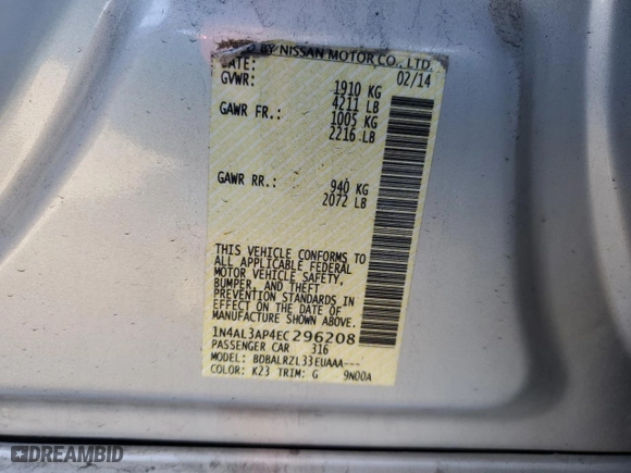 2014 Nissan Altima 2.5 with VIN 1N4AL3AP4EC296208, listed as a Copart auction lot 54222925 with 122,445 mi miles and Salvage Title. Bid and sale history available at carsss.com. Image 12.