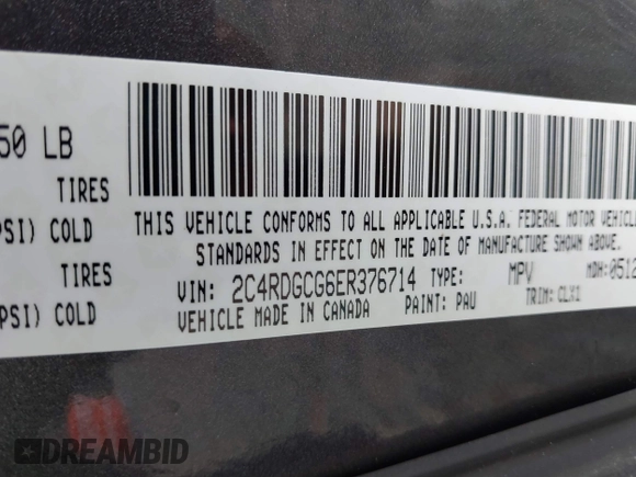 2014 Dodge Grand Caravan SXT with VIN 2C4RDGCG6ER376714, listed as a IAAI auction lot 41828025 with 172,285 mi miles and . Bid and sale history available at DreamBid. Image 9.