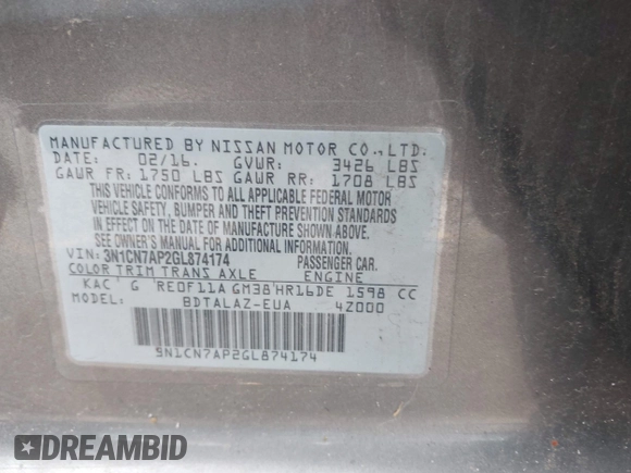 2016 Nissan Versa S z VIN 3N1CN7AP2GL874174, wystawiony jako IAAI lot #42316199 z przebiegiem 126 507 mil mil oraz . Historia ofert i sprzedaży dostępna na DreamBid. Obrazek 9.
