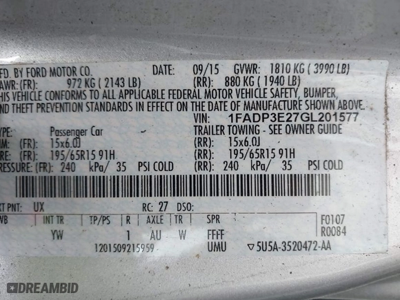 2016 Ford Focus S with VIN 1FADP3E27GL201577, listed as a IAAI auction lot 42011356 with 1 mi miles. Bid and sale history available at carsss.com. Image 9.