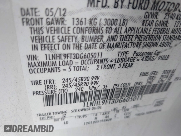 2013 Lincoln MKS EcoBoost with VIN 1LNHL9FT3DG605011, listed as a IAAI auction lot 42018348 with 110,701 mi miles and . Bid and sale history available at DreamBid. Image 9.
