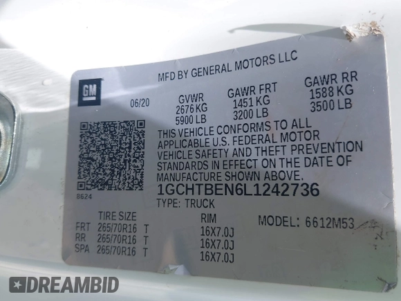 2020 Chevrolet Colorado 4WD Work Truck with VIN 1GCHTBEN6L1242736, listed as a IAAI auction lot 42062267 with 52,191 mi miles and . Bid and sale history available at DreamBid. Image 9.