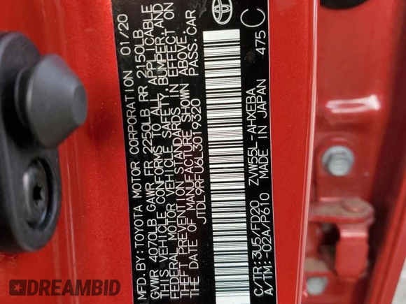 2020 Toyota Prius LE with VIN JTDL9RFU6L3019320, listed as a Copart auction lot 52577555 with Not Provided miles and Salvage Title. Bid and sale history available at DreamBid. Image 12.