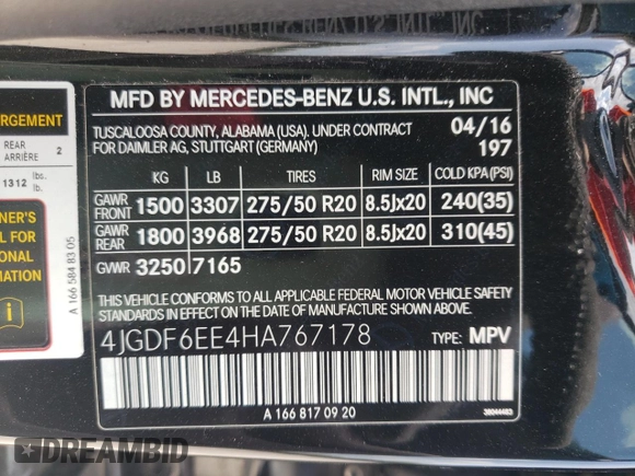 2017 Mercedes-Benz GLS with VIN 4JGDF6EE4HA767178, listed as a Copart auction lot 65590853 with 39,175 mi miles. Bid and sale history available at carsss.com. Image 13.