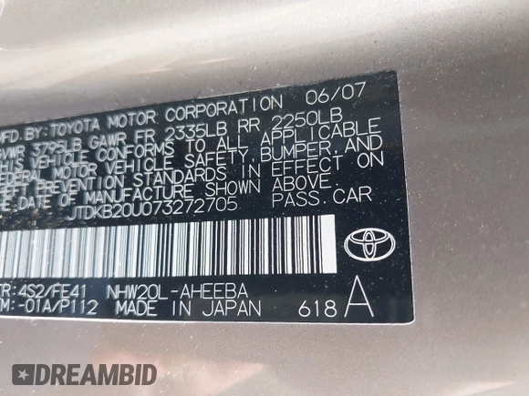2007 Toyota Prius with VIN JTDKB20U073272705, listed as a IAAI auction lot 42099188 with 201,052 mi miles. Bid and sale history available at carsss.com. Image 9.