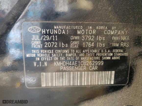 2012 Hyundai Elantra GLS with VIN KMHDH4AE1CU262999, listed as a Copart auction lot 48101655 with 0 mi miles and Non Repairable. Bid and sale history available at carsss.com. Image 13.