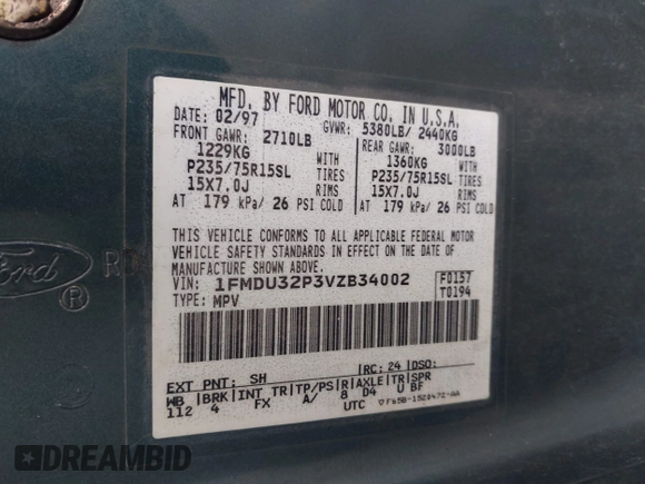 1997 Ford Explorer XLT with VIN 1FMDU32P3VZB34002, listed as a IAAI auction lot 41620592 with 227,461 mi miles and . Bid and sale history available at DreamBid. Image 9.