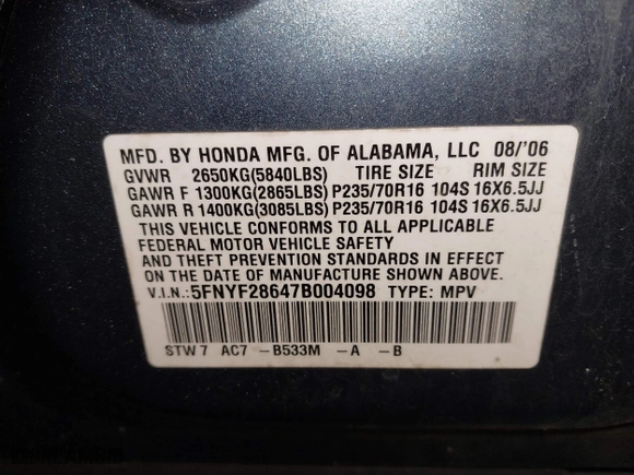 2007 Honda Pilot EX-L with VIN 5FNYF28647B004098, listed as a IAAI auction lot 41404472 with 319,747 mi miles. Bid and sale history available at carsss.com. Image 9.