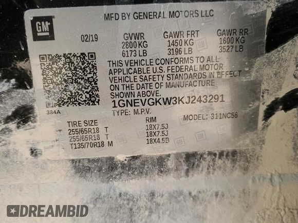 2019 Chevrolet Traverse LT Cloth with VIN 1GNEVGKW3KJ243291, listed as a Copart auction lot 82476534 with 131,729 mi miles and Salvage Title. Bid and sale history available at carsss.com. Image 15.