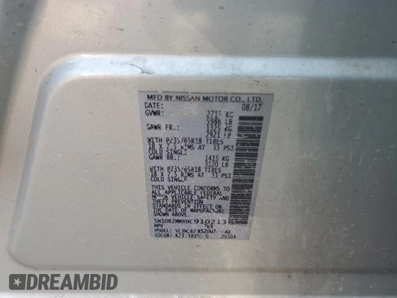 2017 Nissan Pathfinder Platinum with VIN 5N1DR2MMXHC910213, listed as a Copart auction lot 62754275 with 151,669 mi miles and Salvage title. Bid and sale history available at DreamBid. Image 13.