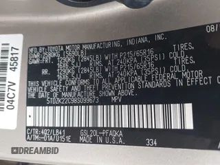 2008 Toyota Sienna XLE with VIN 5TDZK22C98S099673, listed as a IAAI auction lot 42661903 with 205,714 mi miles and . Bid and sale history available at DreamBid. Image 9.