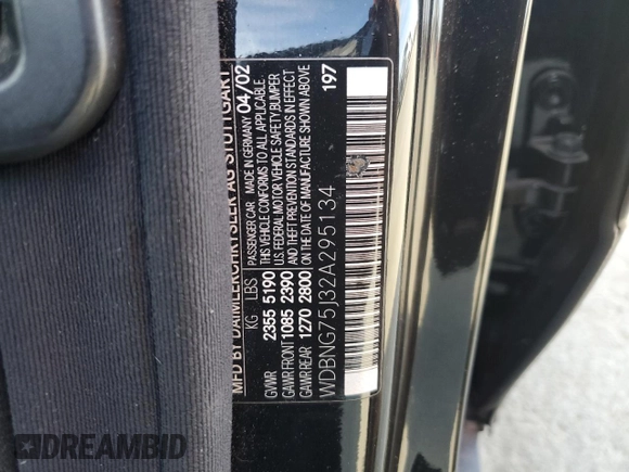 2002 Mercedes-Benz S 5.0L with VIN WDBNG75J32A295134, listed as a Copart auction lot 48179615 with 218,048 mi miles and Salvage Title. Bid and sale history available at carsss.com. Image 12.