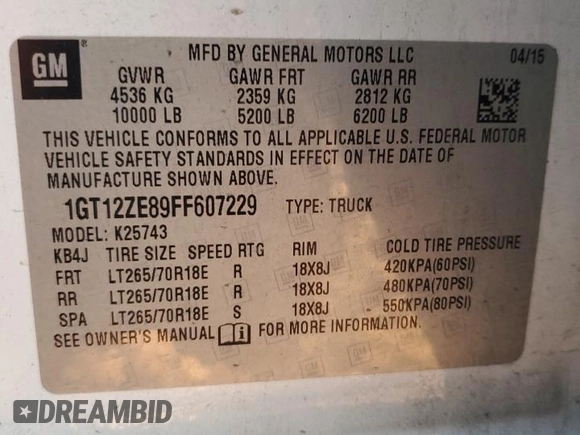 2015 GMC Sierra 2500HD SLT with VIN 1GT12ZE89FF607229, listed as a Copart auction lot 54816545 with 267,227 mi miles and Salvage title. Bid and sale history available at DreamBid. Image 12.