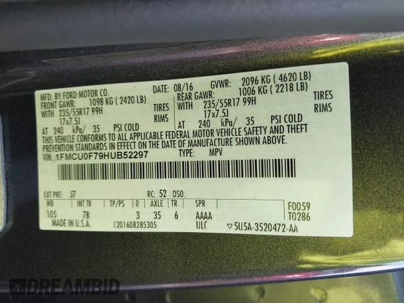 2017 Ford Escape S с VIN 1FMCU0F79HUB52297, выставлен на аукционе IAAI как лот 42577881 с пробегом 89 931 миль миль и . История ставок и продаж доступна на DreamBid. Изображение 9.