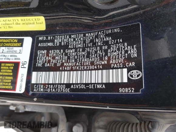 2014 Toyota Camry L with VIN 4T4BF1FK2ER390414, listed as a IAAI auction lot 41936368 with 164,811 mi miles and . Bid and sale history available at DreamBid. Image 9.