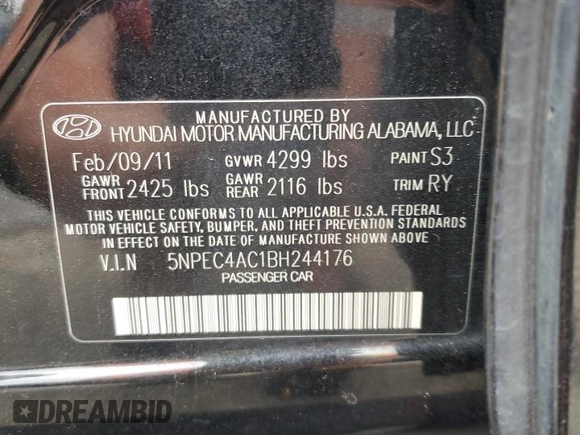 2011 Hyundai Sonata Limited with VIN 5NPEC4AC1BH244176, listed as a Copart auction lot 54203375 with 166,935 mi miles and Salvage Title. Bid and sale history available at carsss.com. Image 12.