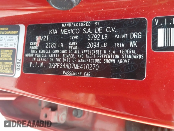 2021 Kia Forte GT-Line z VIN 3KPF34AD7ME410270, wystawiony jako IAAI lot #42259704 z przebiegiem 65 310 mil mil oraz . Historia ofert i sprzedaży dostępna na DreamBid. Obrazek 9.