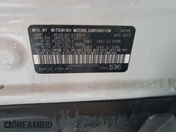 2020 Mitsubishi Eclipse Cross LE with VIN JA4AS4AA2LZ008205, listed as a Copart auction lot 72819694 with 74,690 mi miles and Salvage title. Bid and sale history available at DreamBid. Image 15.
