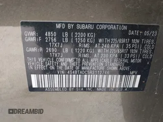 2024 Subaru Outback Premium с VIN 4S4BTADC5R3112746, выставлен на аукционе IAAI как лот 41693526 с пробегом 54 059 миль миль и . История ставок и продаж доступна на DreamBid. Изображение 9.