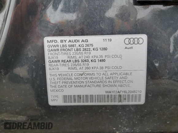 2020 Audi Q5 Premium Plus with VIN WA1E2AFY6L2045210, listed as a Copart auction lot 84829564 with Not provided miles and Non repairable. Bid and sale history available at DreamBid. Image 15.