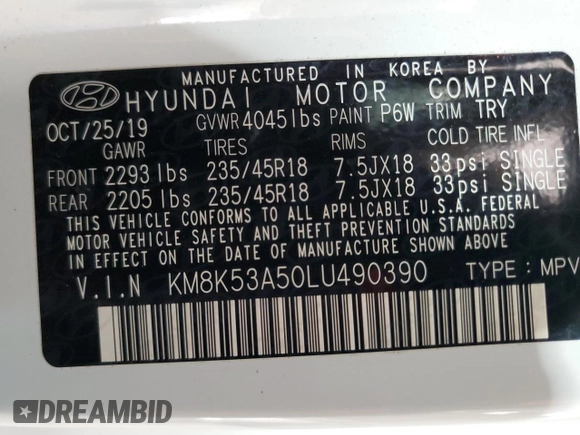 2020 Hyundai Kona Ultimate with VIN KM8K53A50LU490390, listed as a Copart auction lot 86371864 with 62,973 mi miles and Salvage Title. Bid and sale history available at carsss.com. Image 13.