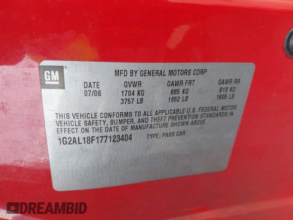2007 Pontiac G5 with VIN 1G2AL18F177123404, listed as a IAAI auction lot 41391339 with 137,572 mi miles. Bid and sale history available at carsss.com. Image 9.