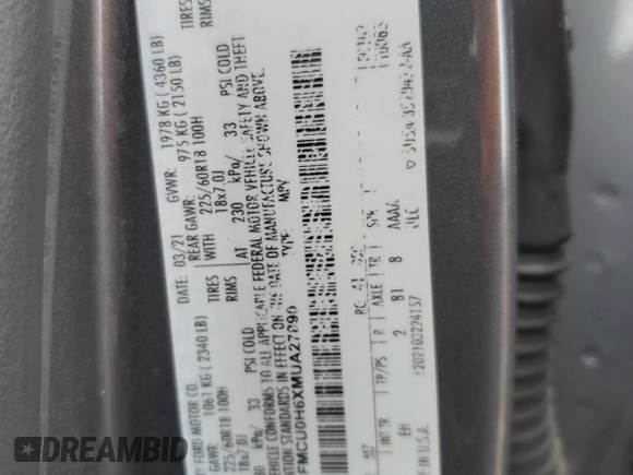 2021 Ford Escape SEL с VIN 1FMCU0H6XMUA27890, выставлен на аукционе Copart как лот 55490645 с пробегом 35 067 миль миль и Списание • Salvage title. История ставок и продаж доступна на DreamBid. Изображение 12.