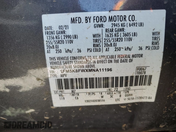 2021 Ford Explorer Limited с VIN 1FM5K8FWXMNA11196, выставлен на аукционе Copart как лот 53548185 с пробегом Не указан миль и Списание • Salvage title. История ставок и продаж доступна на DreamBid. Изображение 13.