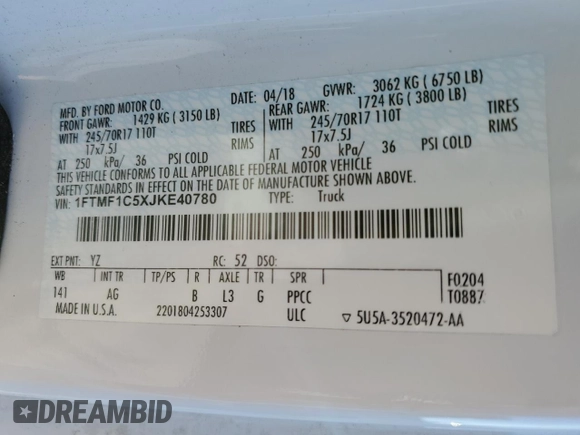 2018 Ford F-150 XL with VIN 1FTMF1C5XJKE40780, listed as a Copart auction lot 74917504 with Not provided miles and Salvage title. Bid and sale history available at DreamBid. Image 12.