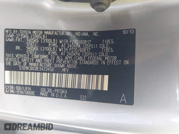 2014 Toyota Sienna XLE with VIN 5TDYK3DC8ES423450, listed as a IAAI auction lot 41972128 with 145,374 mi miles. Bid and sale history available at carsss.com. Image 9.