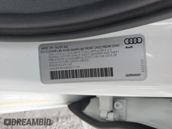 2013 Audi A6 Premium Plus with VIN WAUDFAFC0DN051723, listed as a Copart auction lot 57493605 with 74,881 mi miles and Salvage title. Bid and sale history available at DreamBid. Image 13.
