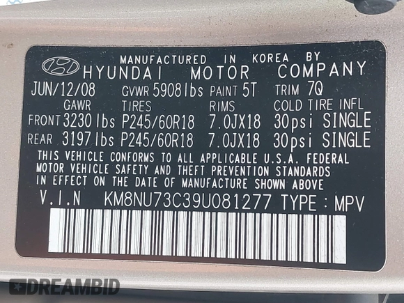 2009 Hyundai Veracruz GLS with VIN KM8NU73C39U081277, listed as a IAAI auction lot 41657976 with 80,605 mi miles and . Bid and sale history available at DreamBid. Image 9.