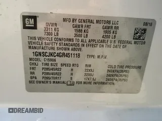 2016 Chevrolet Suburban LTZ with VIN 1GNSCJKC4GR451118, listed as a Copart auction lot 56134835 with 132,062 mi miles and Salvage title. Bid and sale history available at DreamBid. Image 13.