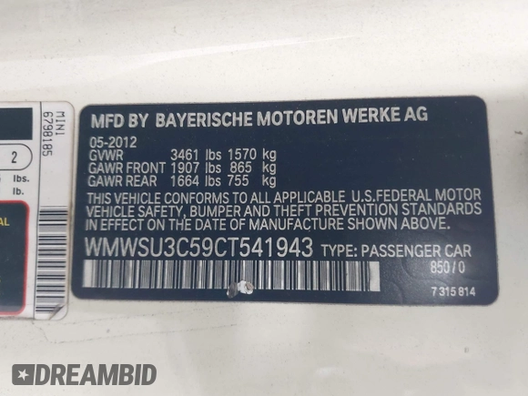 2012 MINI Hardtop with VIN WMWSU3C59CT541943, listed as a IAAI auction lot 42107901 with 139,230 mi miles and . Bid and sale history available at DreamBid. Image 9.