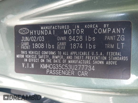 2003 Hyundai Accent GL with VIN KMHCG35C53U277734, listed as a IAAI auction lot 42085996 with 108,369 mi miles. Bid and sale history available at carsss.com. Image 9.