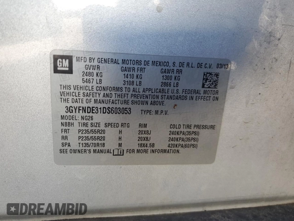 2013 Cadillac SRX Performance Collection with VIN 3GYFNDE31DS603053, listed as a Copart auction lot 57188725 with 234,360 mi miles and Salvage title. Bid and sale history available at DreamBid. Image 13.