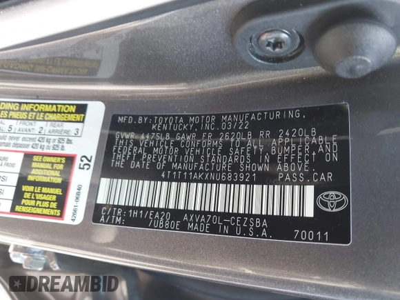 2022 Toyota Camry SE with VIN 4T1T11AKXNU683921, listed as a IAAI auction lot 41667833 with 26,578 mi miles and . Bid and sale history available at DreamBid. Image 9.