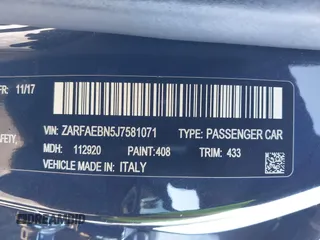 2018 Alfa Romeo Giulia with VIN ZARFAEBN5J7581071, listed as a IAAI auction lot 41313207 with 91,793 mi miles. Bid and sale history available at carsss.com. Image 9.