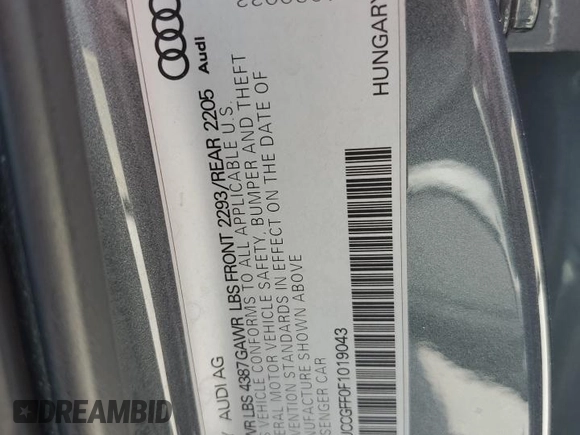 2015 Audi A3 1.8T Premium Plus with VIN WAUCCGFF0F1019043, listed as a Copart auction lot 53915025 with 83,169 mi miles and Clean Title. Bid and sale history available at carsss.com. Image 12.