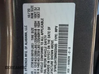 2021 Honda Odyssey EX-L with VIN 5FNRL6H70MB020405, listed as a Copart auction lot 46186085 with 61,300 mi miles and Salvage Title. Bid and sale history available at DreamBid. Image 14.