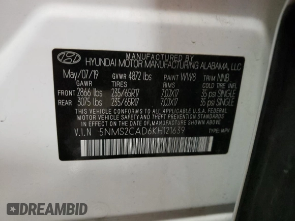 2019 Hyundai Santa Fe SE with VIN 5NMS2CAD6KH121639, listed as a Copart auction lot 70541702 with 31,689 mi miles. Bid and sale history available at carsss.com. Image 13.