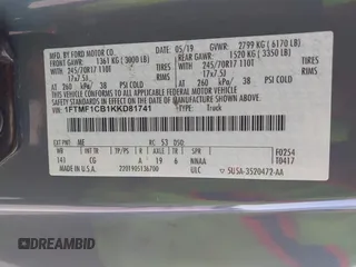 2019 Ford F-150 XL z VIN 1FTMF1CB1KKD81741, wystawiony jako IAAI lot #41783806 z przebiegiem 46 978 mil mil oraz . Historia ofert i sprzedaży dostępna na DreamBid. Obrazek 9.