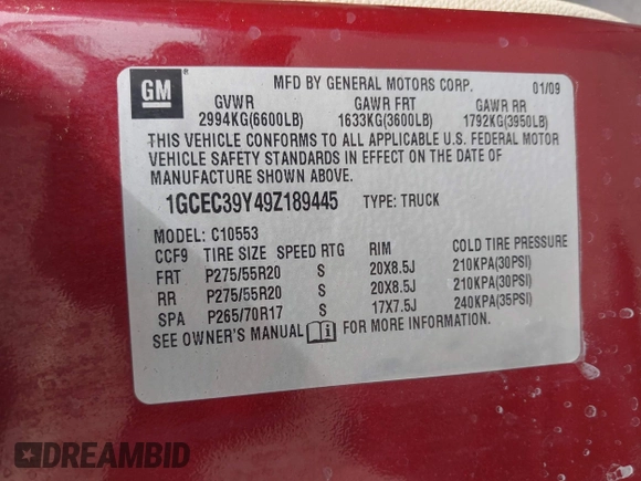 2009 Chevrolet Silverado 1500 with VIN 1GCEC39Y49Z189445, listed as a IAAI auction lot 41933868 with 209,596 mi miles and . Bid and sale history available at DreamBid. Image 9.