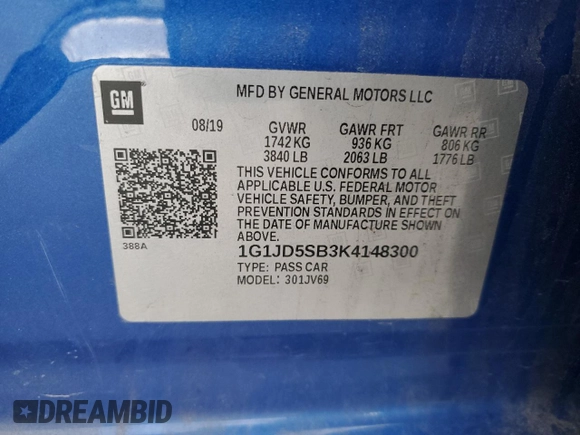 2019 Chevrolet Sonic LT z VIN 1G1JD5SB3K4148300, wystawiony jako Copart lot #52169025 z przebiegiem 59 689 mil mil oraz Szkoda całkowita • Salvage title. Historia ofert i sprzedaży dostępna na DreamBid. Obrazek 12.