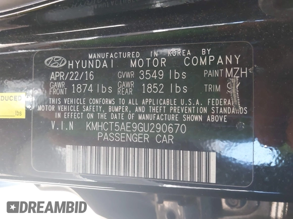 2016 Hyundai Accent SE with VIN KMHCT5AE9GU290670, listed as a IAAI auction lot 42083935 with 188,173 mi miles and . Bid and sale history available at carsss.com. Image 9.