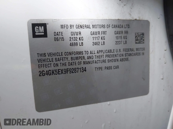 2015 Buick Regal с VIN 2G4GK5EX9F9287134, выставлен на аукционе IAAI как лот 41623322 с пробегом 74 881 миль миль и . История ставок и продаж доступна на DreamBid. Изображение 9.