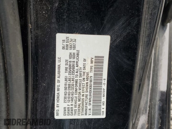 2019 Honda Odyssey Touring with VIN 5FNRL6H8XKB019879, listed as a Copart auction lot 48260545 with 164,233 mi miles and Salvage Title. Bid and sale history available at carsss.com. Image 13.
